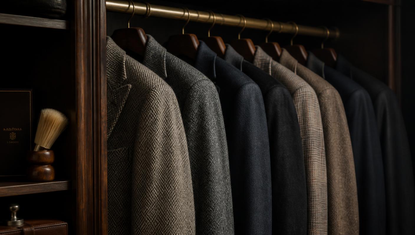Wool coats and tailored jackets hanging in a wardrobe