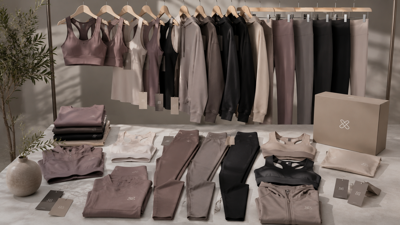 Premium neutral-toned activewear collection arranged in a refined wardrobe display