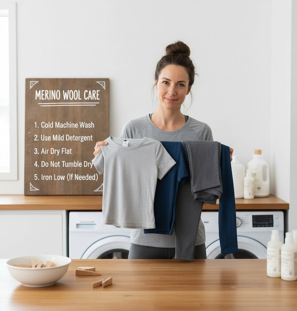 Premium merino sportswear being prepared for gentle washing and flat drying