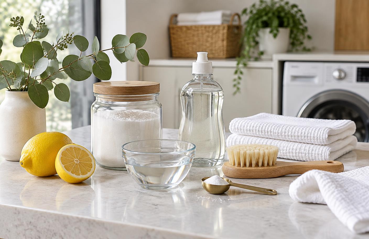 A stain-removal kit on a marble bench: lemons, bicarb soda, a bottle of clear liquid, a glass bowl of water, a soft brush and white towels