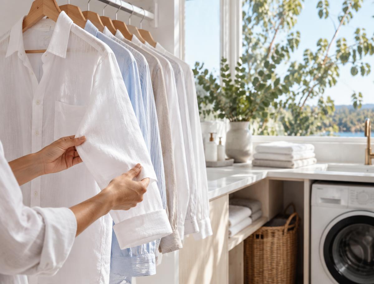A rail of crisp white and pale blue linen shirts on wooden hangers beside a bright laundry window