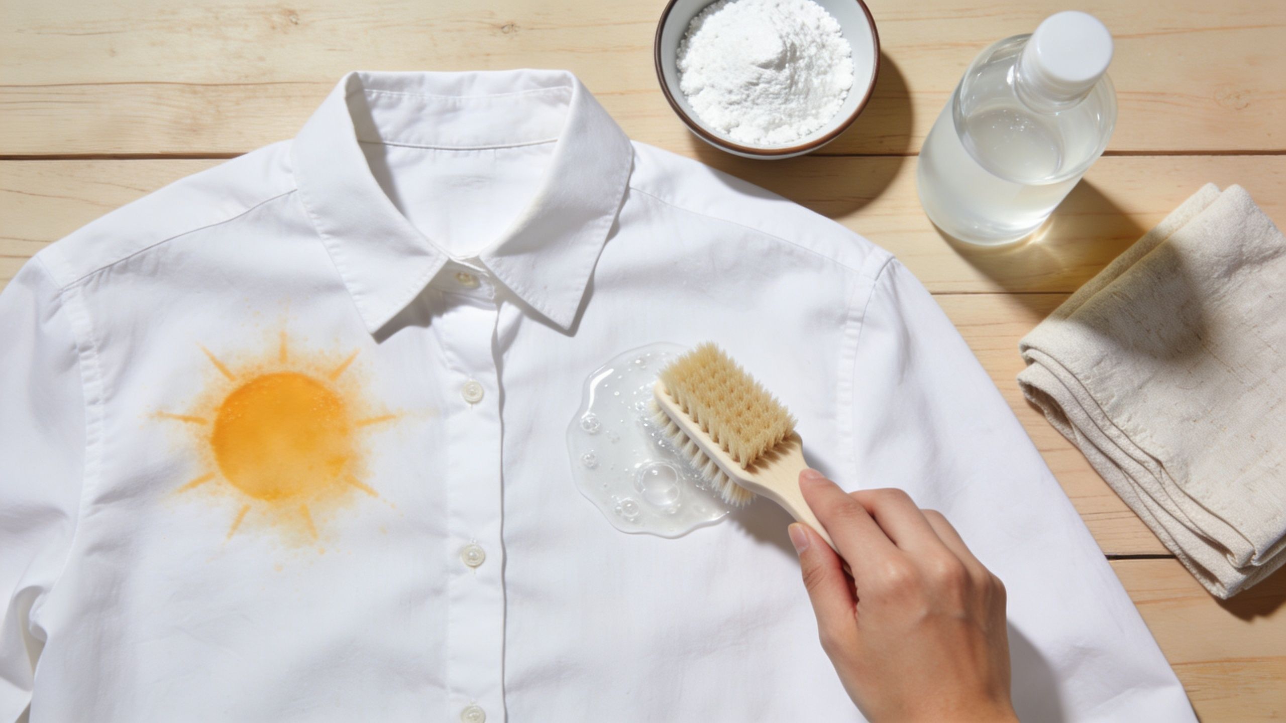 Soft-brush treatment for a sunscreen stain on a white shirt