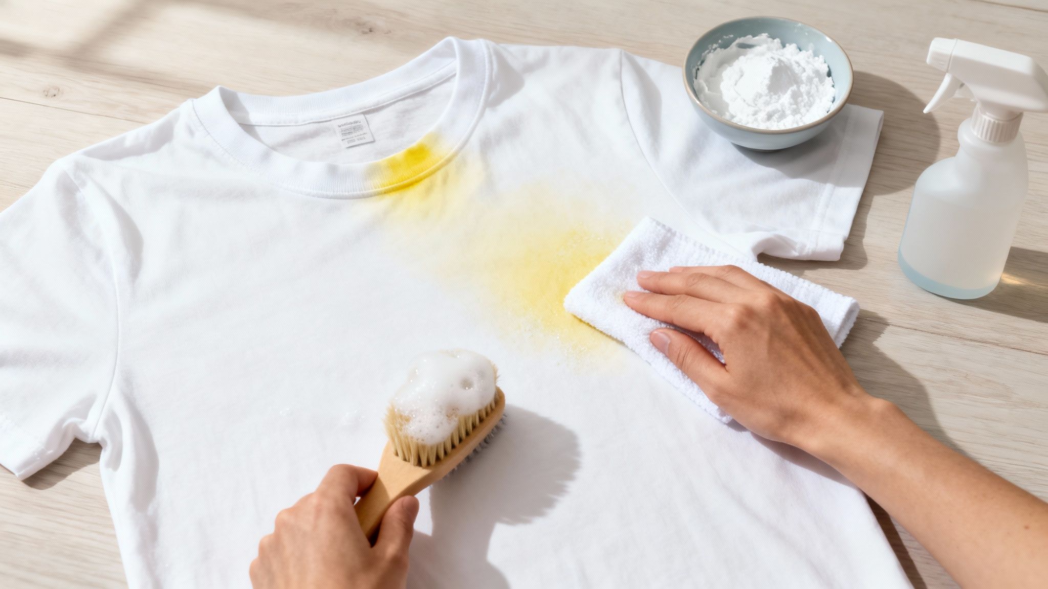 White T-shirt with sunscreen stain being gently treated
